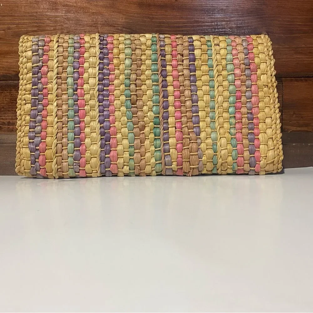 Vintage Straw Chic Flap Beach Boho Summer Multi-Color Striped Clutch Hand Bag